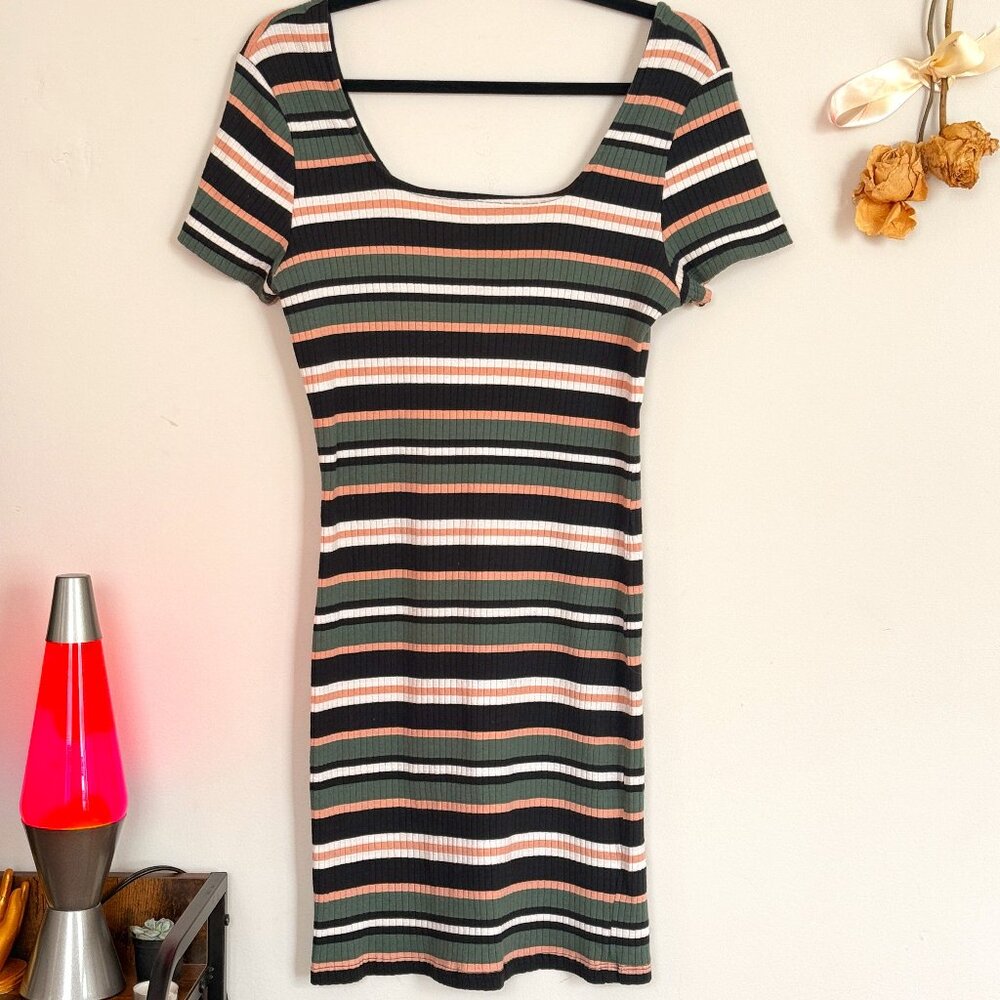 Striped ribbed bodycon mini dress ~ multicolor ~ square neck